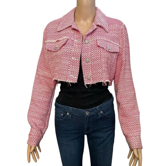 Zara Jackets & Blazers - Zara Tweed Cropped Jacket Small Cutoff Frayed Coquette Pink White Preppy Button